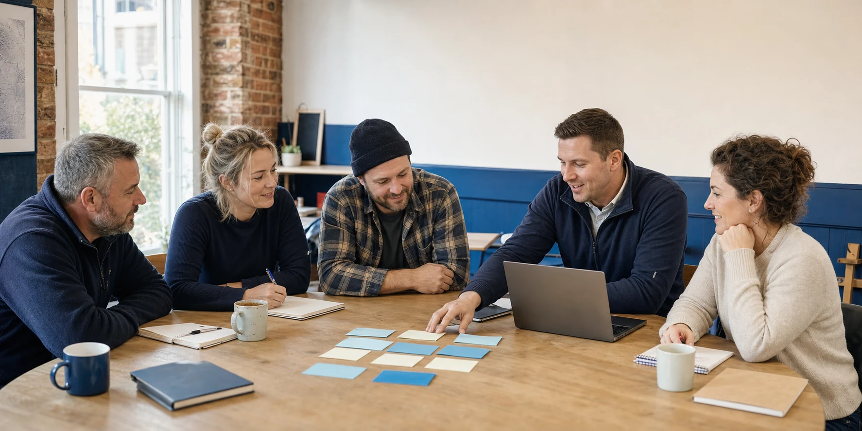 Local business owners and the Wyngo team mapping a workflow together around a table.