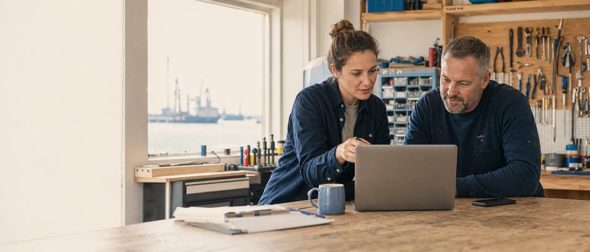 A Wyngo consultant and a local workshop owner reviewing an enquiry system together on a laptop.