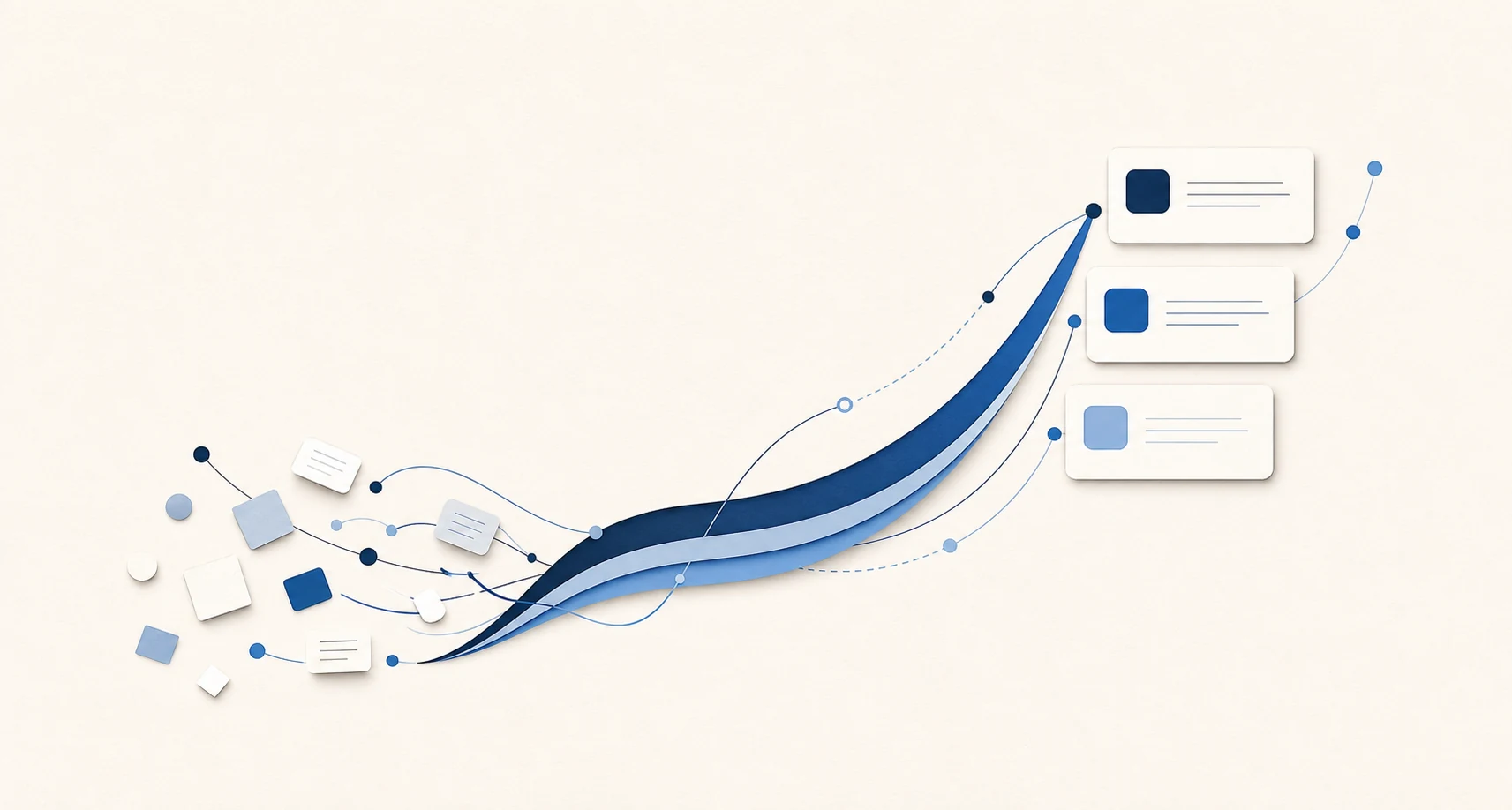 Illustration of scattered notes and records resolving into a single organised system.